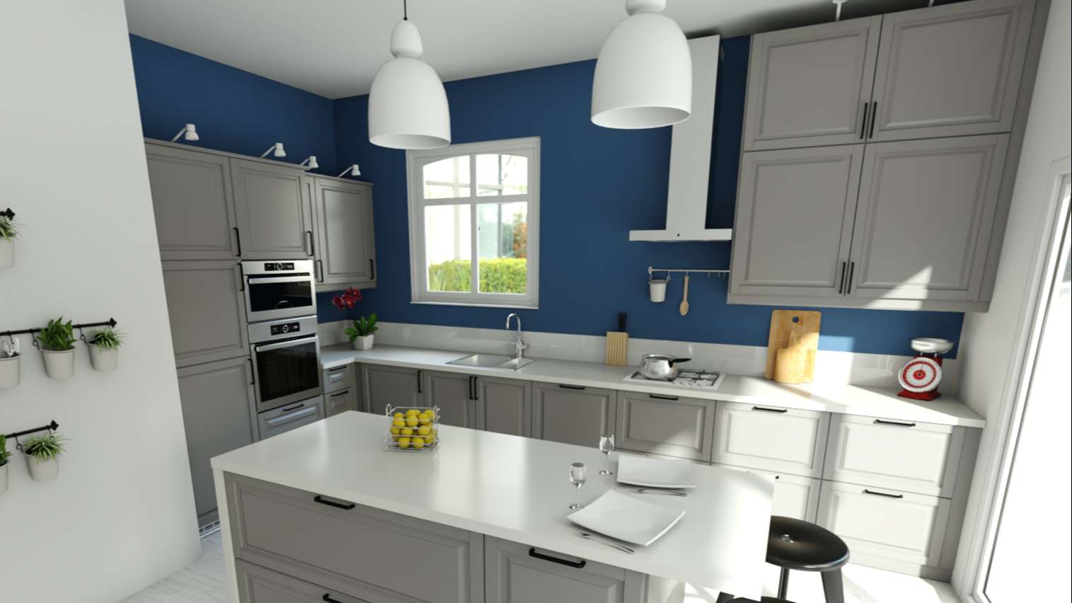 HomeByMe for kitchen retailers 3D rendering of an island kitchen with white countertop