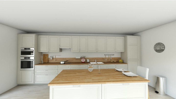 HomeByMe 3D rendering of a island kitchen with white cabinets and wood worktop