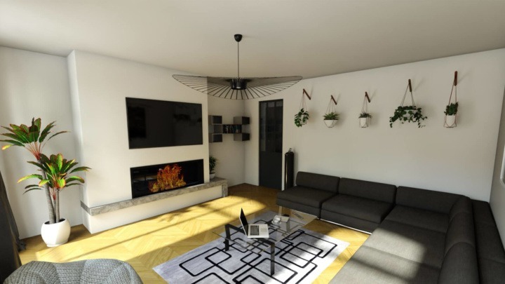 living room 3D rendering with large sectional designed in HomeByMe