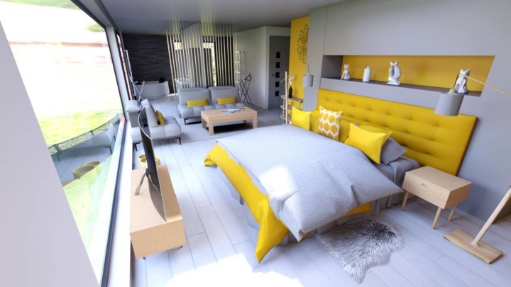 yellow and gray studio apartment 3D rendering in HomeByMe