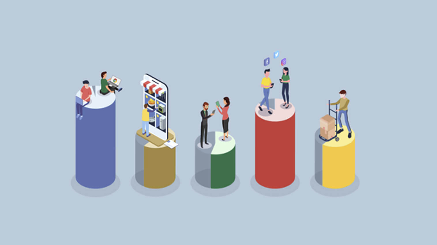 cartoon shoppers on a bar graph engaged in omnichannel retail