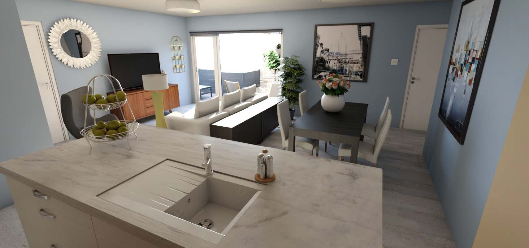 HomeByMe rendering of a living room with island kitchen