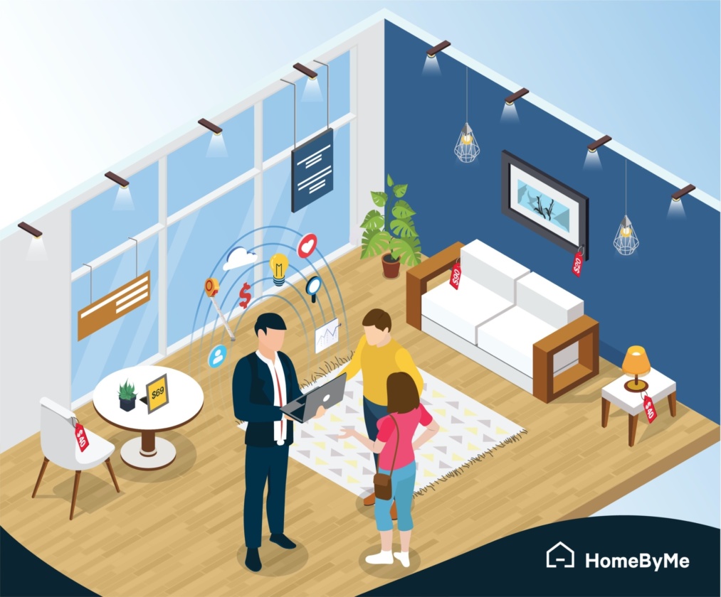 man consulting couple with HomeByMe for Home Retailers 3D planning solution