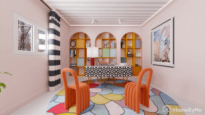 Une image réaliste faite sur HomeByMe d'un bureau Memphis